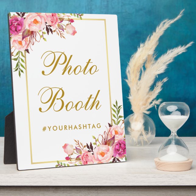 Watercolor Floral Pink Gold Wedding Photo Booth Plaque (Side)