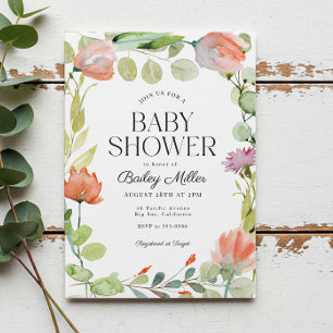 Watercolor Floral Pink Green Baby Shower Invitation