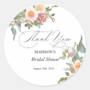 Watercolor Floral Pink Green Bridal Shower Classic Round Sticker