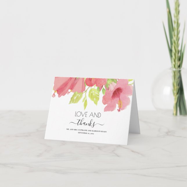 Watercolor Floral Pink Hibiscus Wedding Thank You Card (Front)