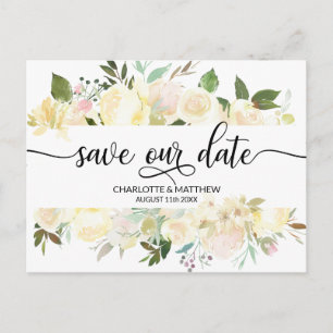 Watercolor Floral Pink Ivory Wedding SAVE OUR DATE Announcement Postcard