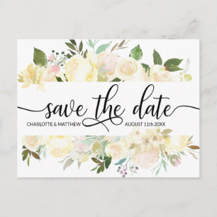 Watercolor Floral Pink Ivory Wedding SAVE THE DATE Announcement Postcard