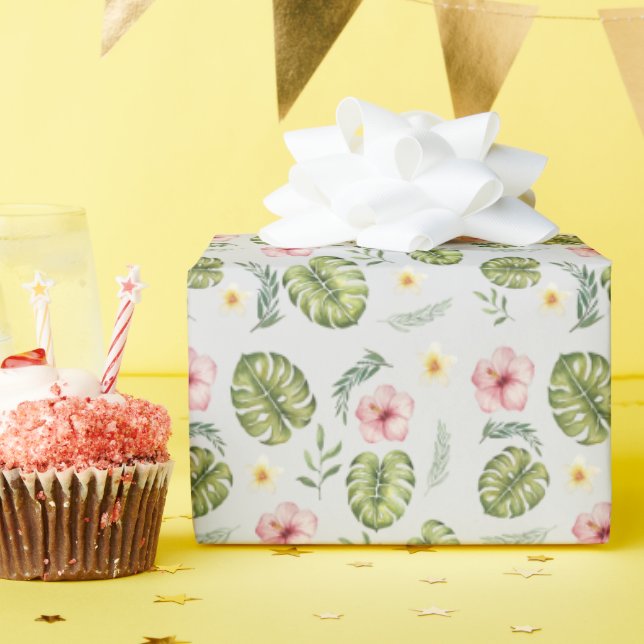 Watercolor floral pink light grey elegant wrapping paper (Birthday Party)