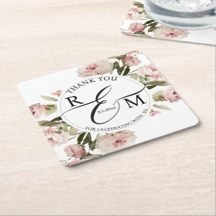 watercolor floral pink monogram wedding thank you square paper coaster