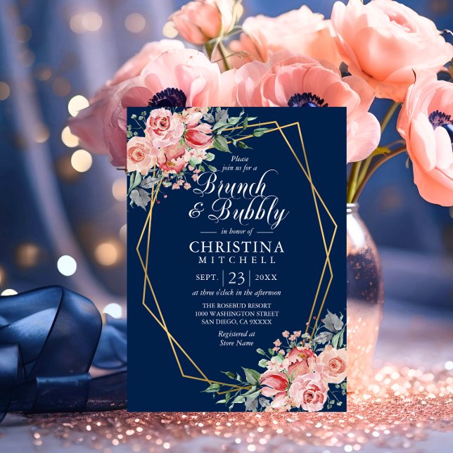 Watercolor Floral Pink Navy Blue Brunch Bubbly Invitation (Watercolor Floral Pink Navy Blue Brunch Bubbly Invitation)