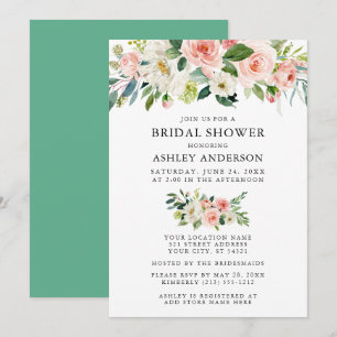 Watercolor Floral Pink Neo Mint Bridal Shower Invitation