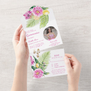 Watercolor Floral Pink Peonies Photo Quinceañera All In One Invitation