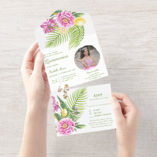 Watercolor Floral Pink Peonies Photo Quinceañera All In One Invitation