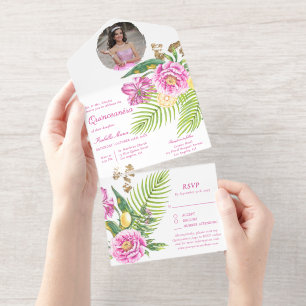 Watercolor Floral Pink Peonies Photo Quinceañera All In One Invitation