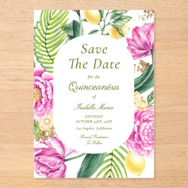 Watercolor Floral Pink Peonies Tulips Quinceañera Acrylic Invitations (Front)