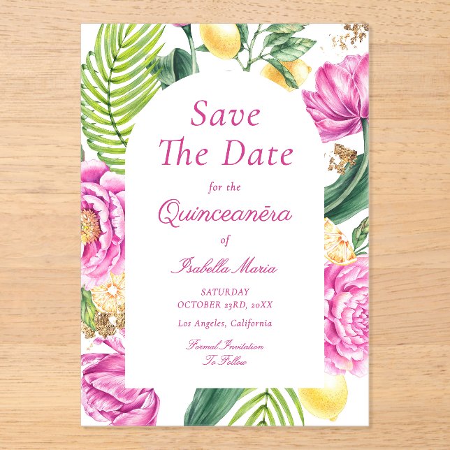Watercolor Floral Pink Peonies Tulips Quinceañera Acrylic Invitations (Front)