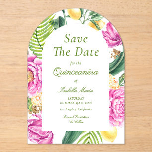 Watercolor Floral Pink Peonies Tulips Quinceañera Acrylic Invitations