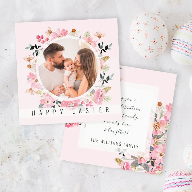 Watercolor Floral Pink Personalised Photo Easter Holiday Card (Creator Uploaded)