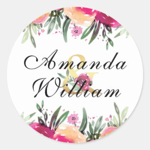 Watercolor Floral Pink Personalised Wedding Classic Round Sticker