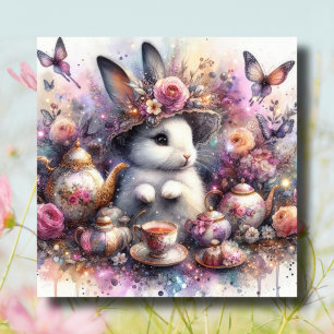 Watercolor Floral Pink Purple Bunny Easter Tea Holiday Card