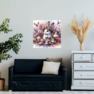 Watercolor Floral Pink Purple Bunny Tea Party Photo Print