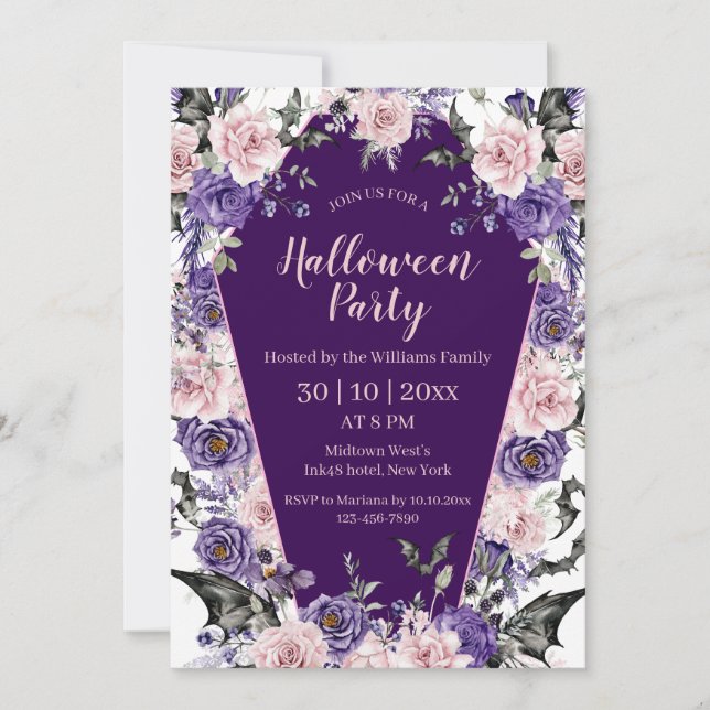  watercolor floral pink purple grave halloween invitation (Front)