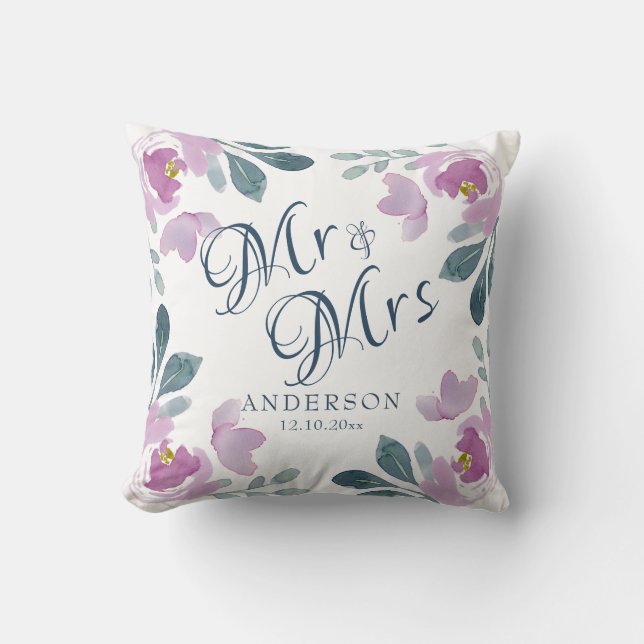 Watercolor Floral Pink & Purple Wedding Gift Cushion (Front)