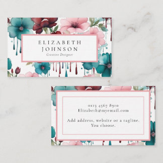 Watercolor Floral Pink, Red Teal Flowers Business Card