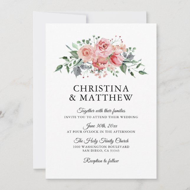 Watercolor Floral Pink Rose Flowers Wedding Invitation (Front)