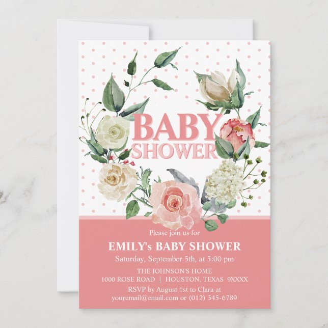 Watercolor Floral Pink Rose Girl Baby Shower Invitation (Front)
