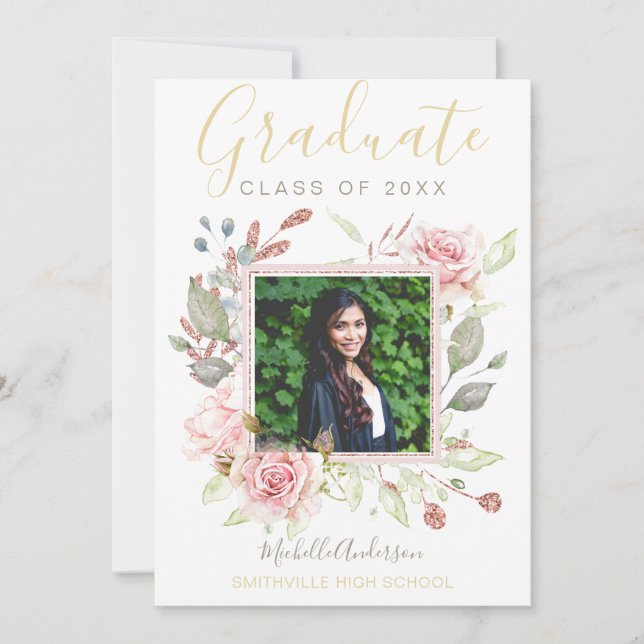 Watercolor Floral Pink Rose Gold Photo Graduation Announcement (Front)