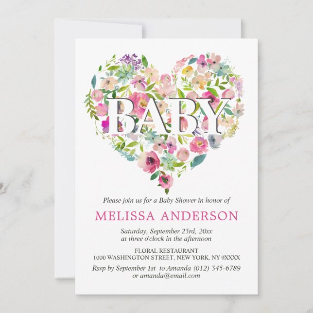 Watercolor Floral Pink Rose Heart Baby Shower Invitation (Front)