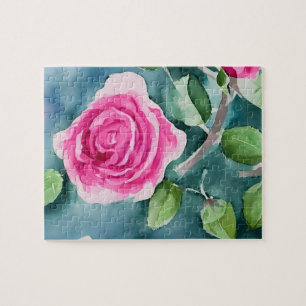 Watercolor Floral Pink Rose Jigsaw Puzzle