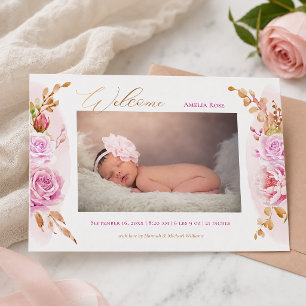 Watercolor Floral Pink Roses Baby Girl Photo Birth Announcement