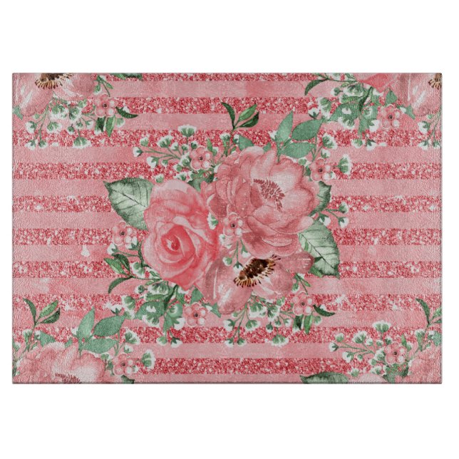 Watercolor Floral Pink Roses & Glitter Stripes Cutting Board (Front)
