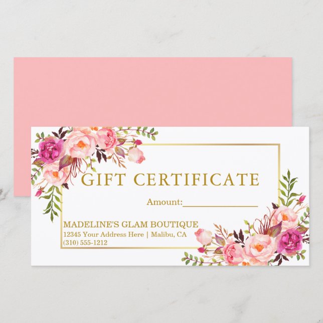 Watercolor Floral Pink Roses Gold Gift Certificate (Front/Back)