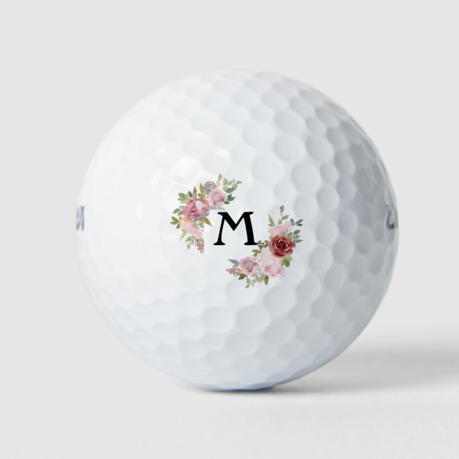 Watercolor Floral Pink Roses Monogram Golf Balls (Front)