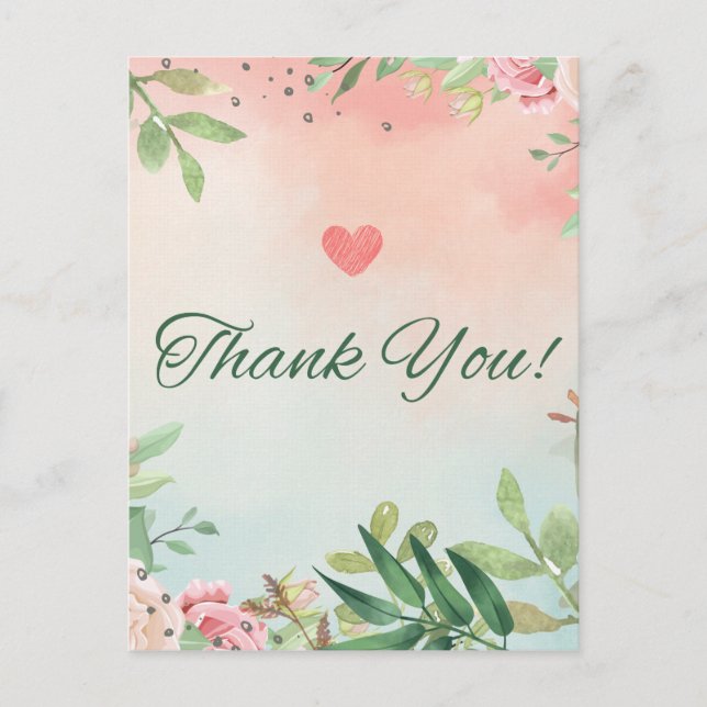 watercolor floral pink roses thank you card (Front)