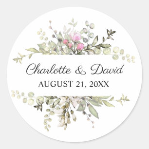 Watercolor Floral Pink Roses Wedding Classic Round Sticker