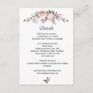 Watercolor Floral Pink Roses Wedding Detail Enclosure Card