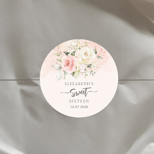 Watercolor Floral Pink Sweet 16 Birthday Party Classic Round Sticker