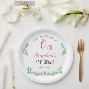 Watercolor Floral Pink Unicorn Baby Shower Paper Plate