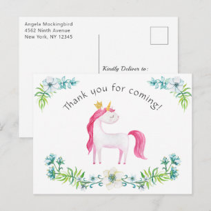 Watercolor Floral Pink Unicorn Thank You Postcard