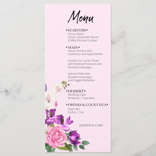Watercolor Floral Pink Violet Bold Modern Menu (Front)
