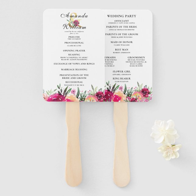 Watercolor Floral Pink Wedding Ceremony Program Hand Fan (Front and Back)