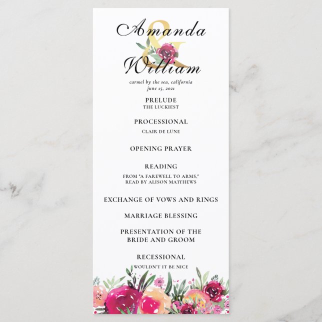Watercolor Floral Pink Wedding Ceremony Program Programme (Front)