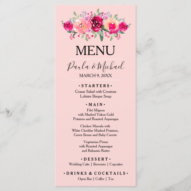 Watercolor Floral Pink Wedding Dinner Menu (Front)