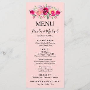 Watercolor Floral Pink Wedding Dinner Menu