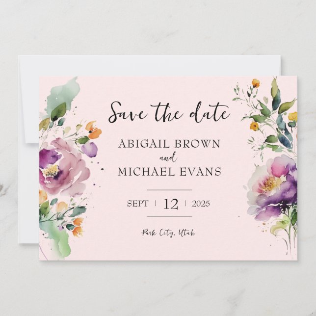 Watercolor Floral Pink Wedding Save The Date (Front)