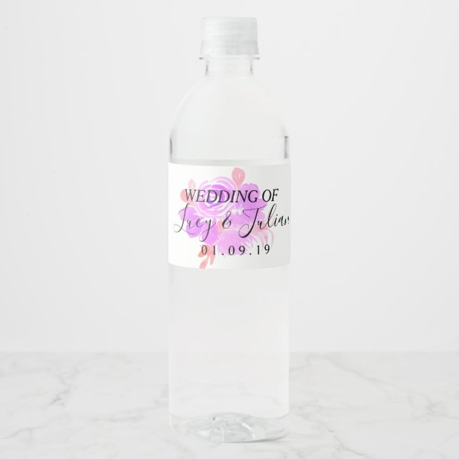 Watercolor Floral Pink Wedding Water Bottle Label (Front)