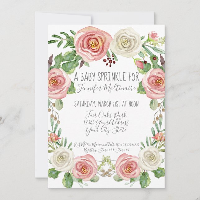 Watercolor Floral Pink White Flowers Baby Sprinkle Invitation (Front)