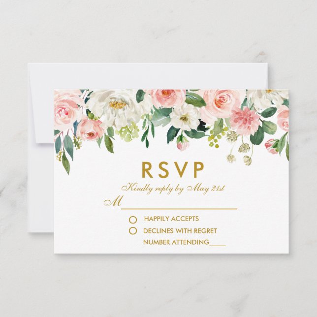 Watercolor Floral Pink White Gold RSVP Wedding P (Front)