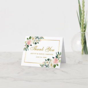Watercolor Floral Pink White Gold Wedding Note Thank You Card