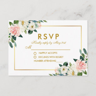 Watercolor Floral Pink White Gold Wedding RSVP Pk