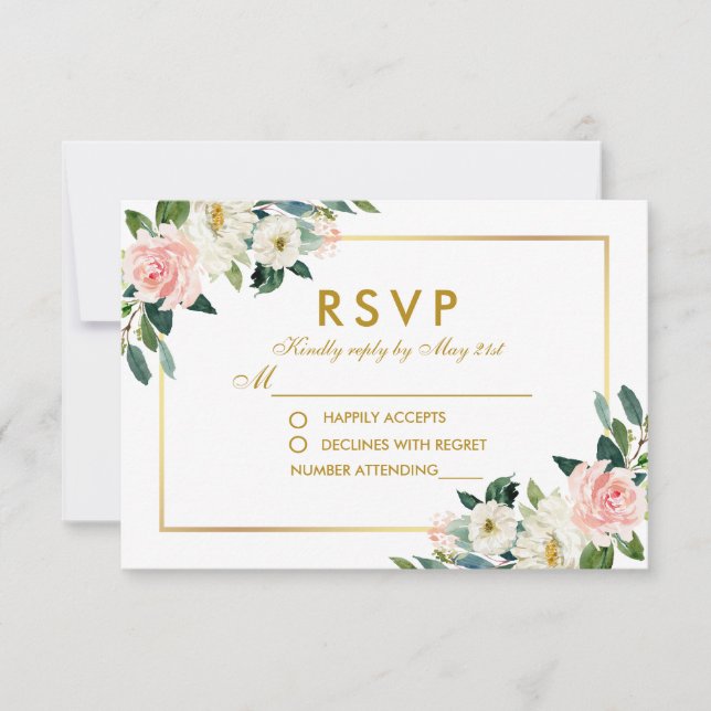 Watercolor Floral Pink White Gold Wedding RSVP Pk (Front)